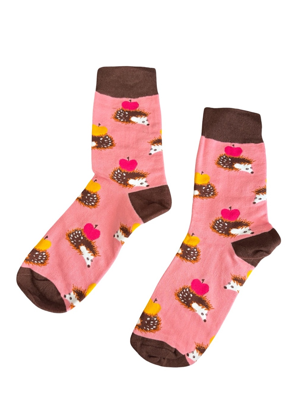 Hedgehog Apple Colorful Novelty Crew Socks Womens Pink and Brown